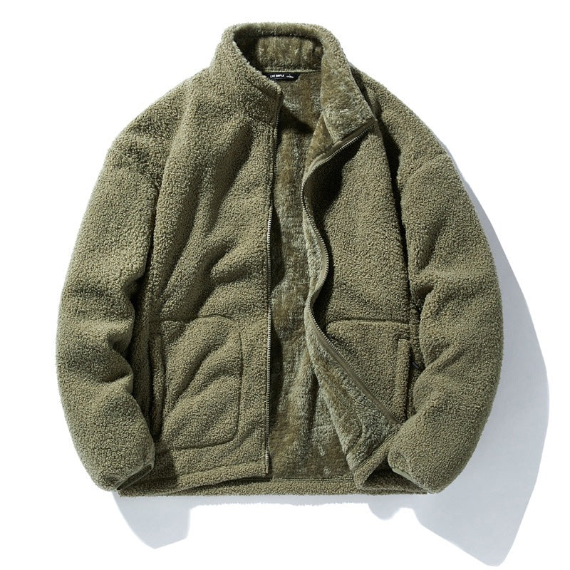 Men’s fleece jacket with stand collar, loose fit and long sleeves