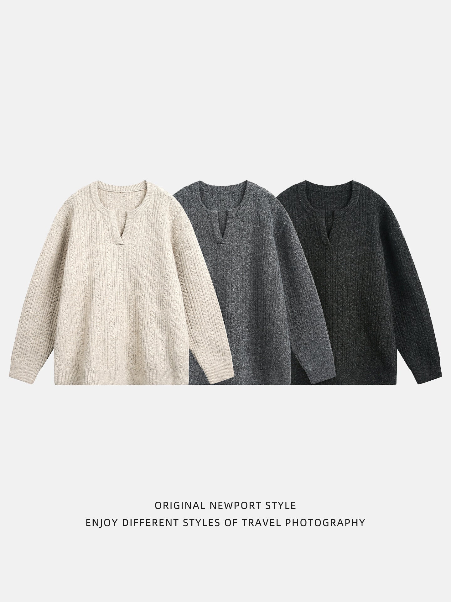 Close-up of small v-neck collar and thick yarn on men's cable knit v-neck sweater