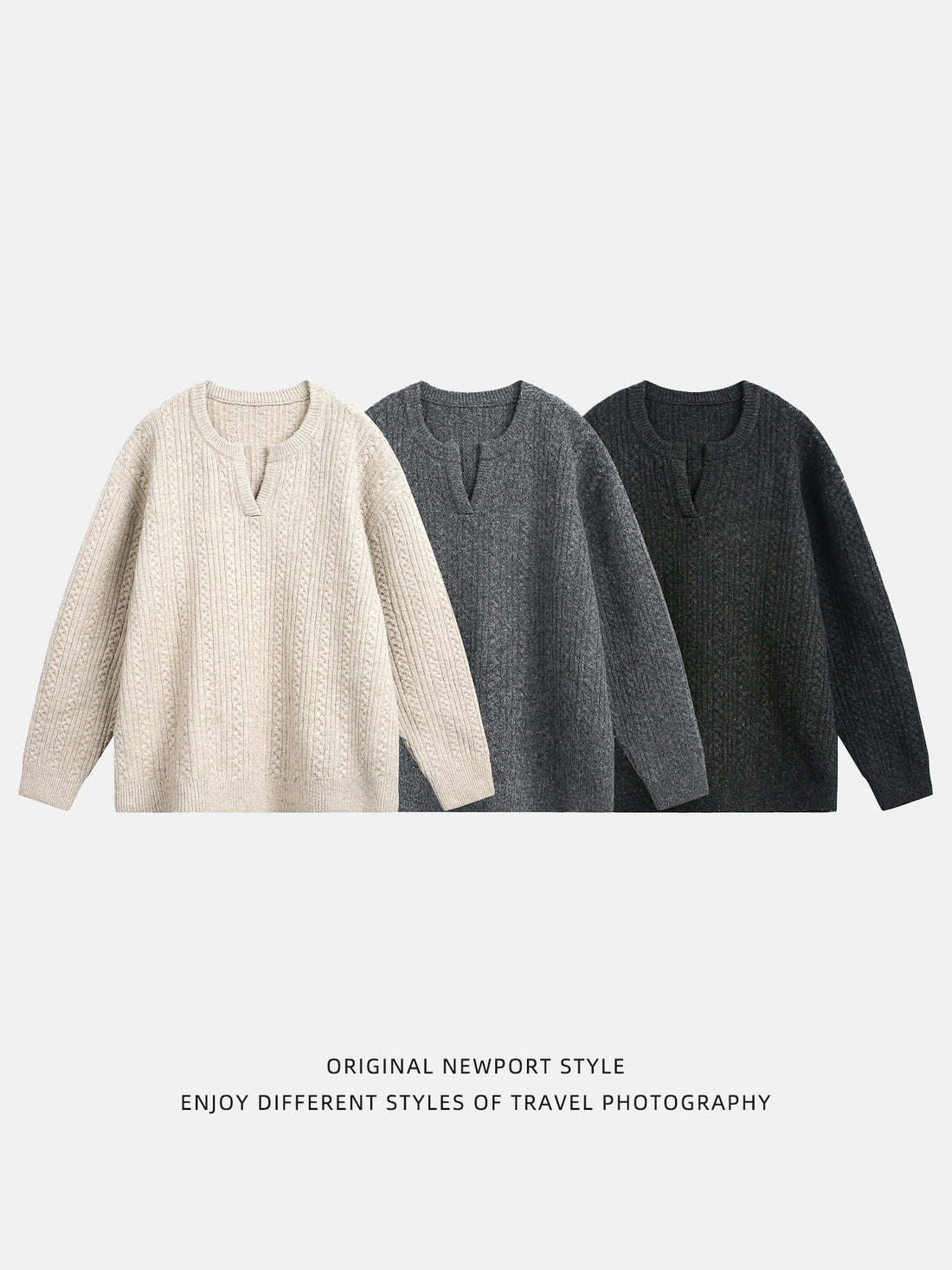 Close-up of small v-neck collar and thick yarn on men's cable knit v-neck sweater