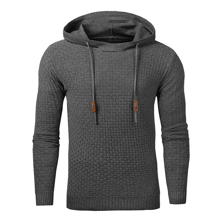 Men's Hooded Sweater | Cotton Blend & Front Pocket — front view in dark gray with hood, drawstrings, long sleeves, and front pouch pocket