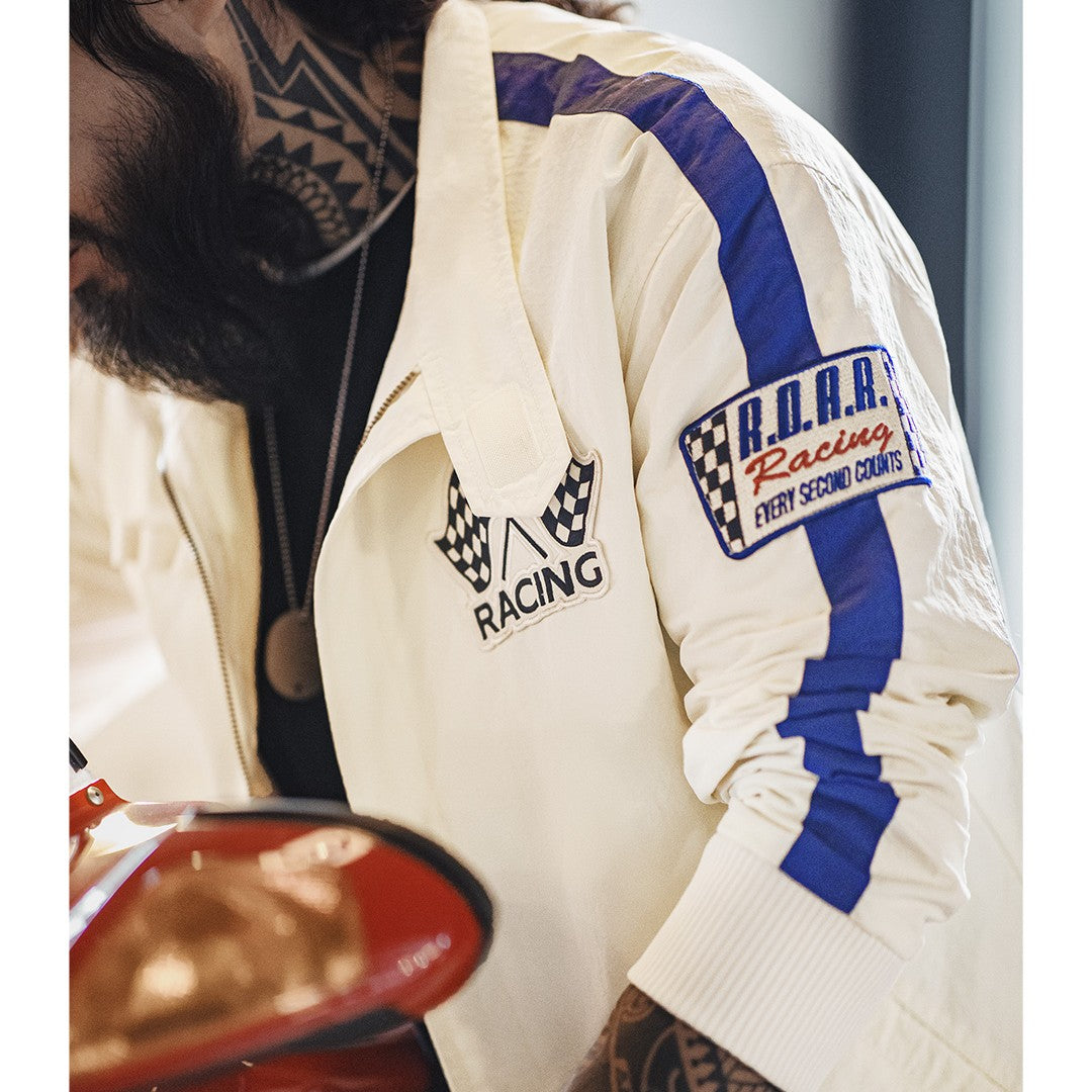Alphanumeric-pattern racing jacket with retro styling