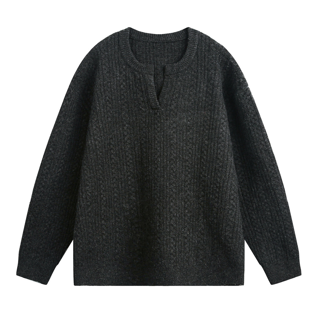 Front view of men's cable knit v-neck sweater in heavy retro textured knit
