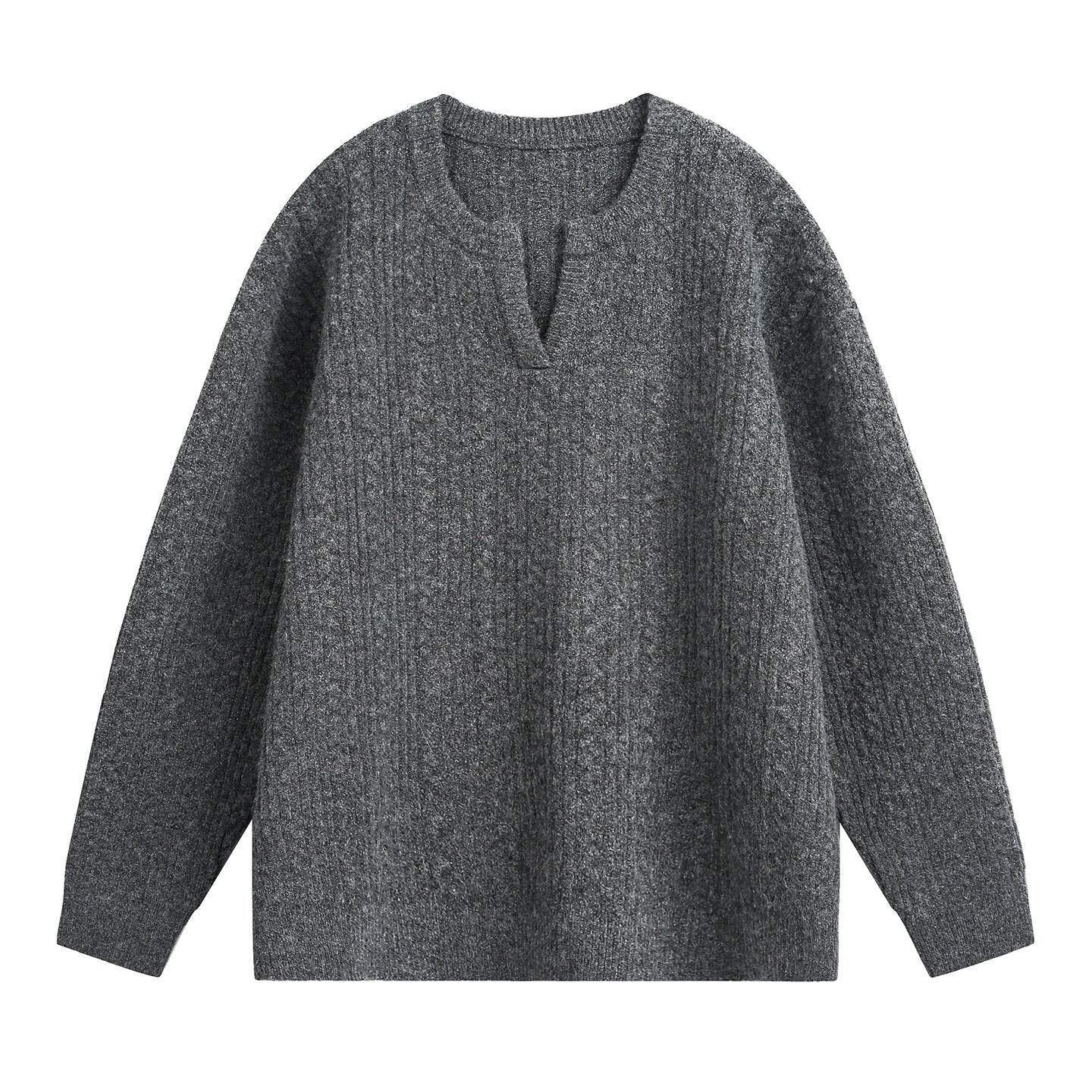 Back angle showing loose fit drape and ribbed trim of men's cable knit v-neck sweater