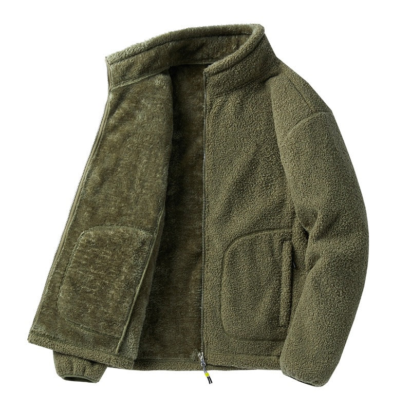 Men’s fleece jacket with stand collar, loose fit and long sleeves