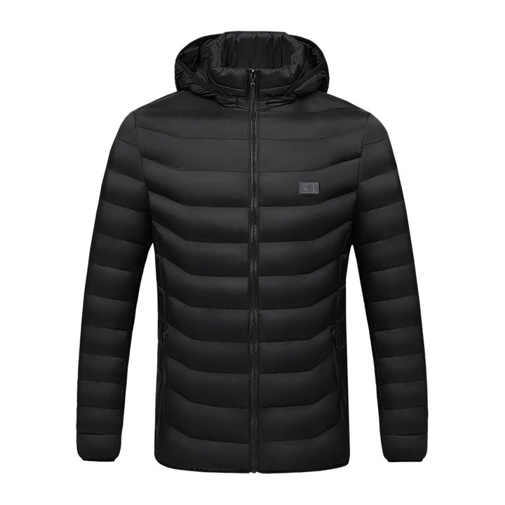 heated plus size jacket — front view of a black jacket with a raised collar and horizontal padded panels — image 2