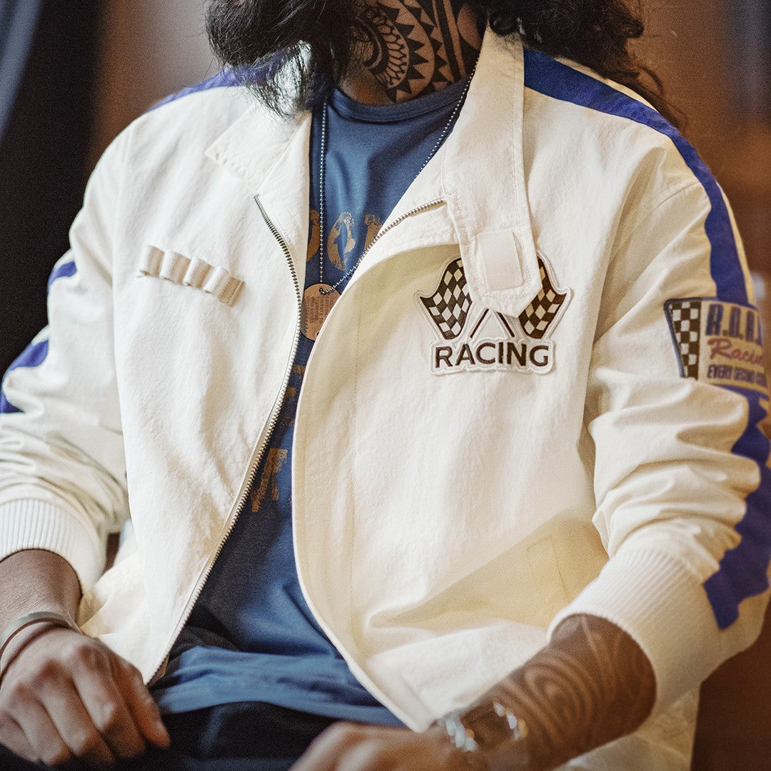 Off-white retro racing jacket with color blocking and embroidery