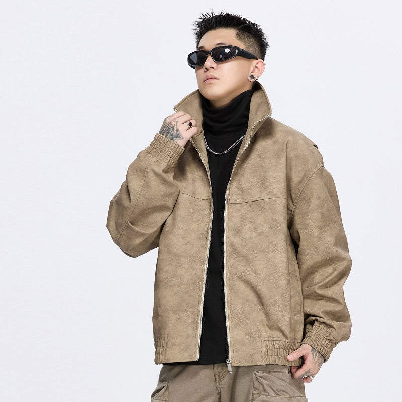 PU Leather Jacket product photo with stand collar