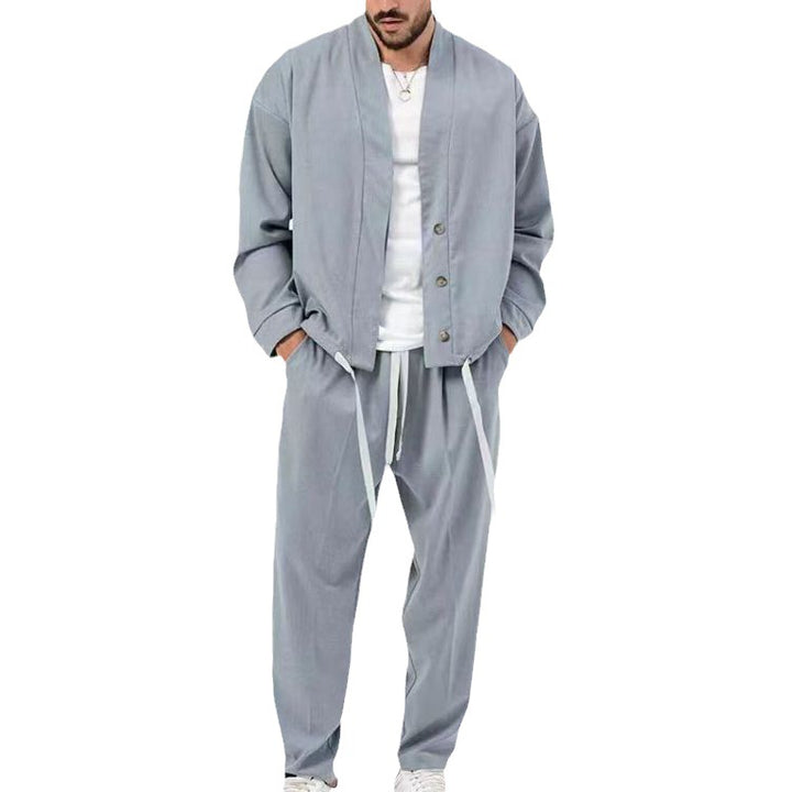 Men's Korean Style Suit Set | Coordinated Two-Piece — light gray set shown from the front with a white shirt and light sneakers