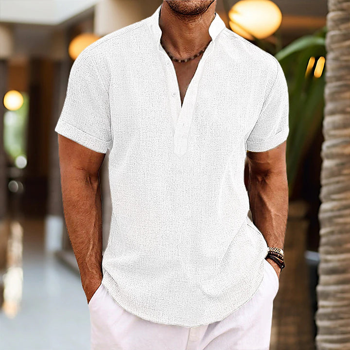 Cotton linen stand collar shirt, product image view